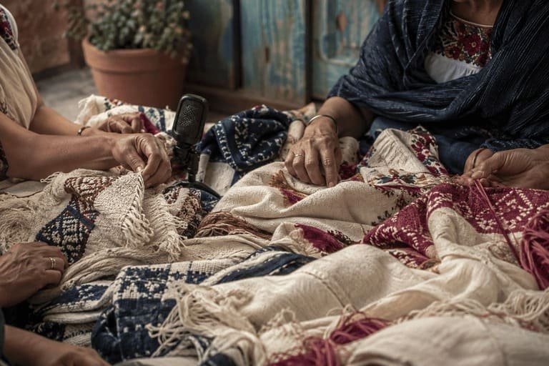 Textiles mexicanos, manos artesanas y micrófono